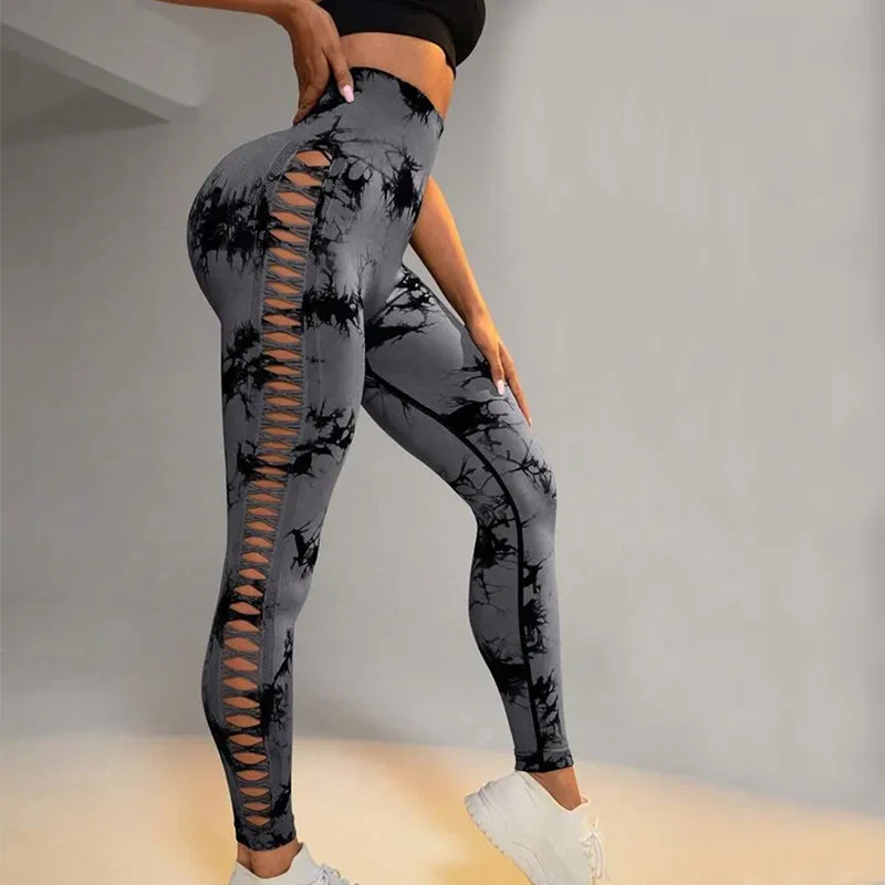 Hollow Tie Dye Printed Yoga Pant Slim Pants For Women