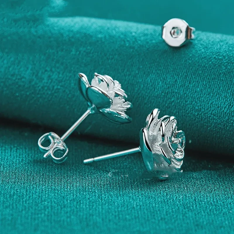 Silver Rose Stud Earrings Female Accessories