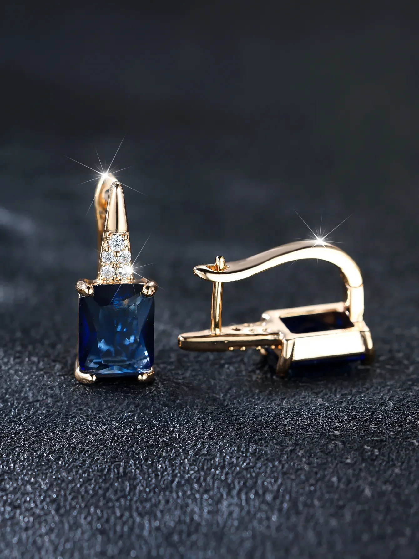 Champagne Gold Rectangular Chamfered Sapphire Blue Earrings For Women