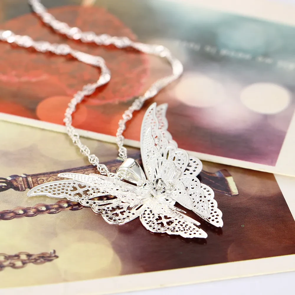 Silver Hollow Pointed Butterfly Pendant Necklace