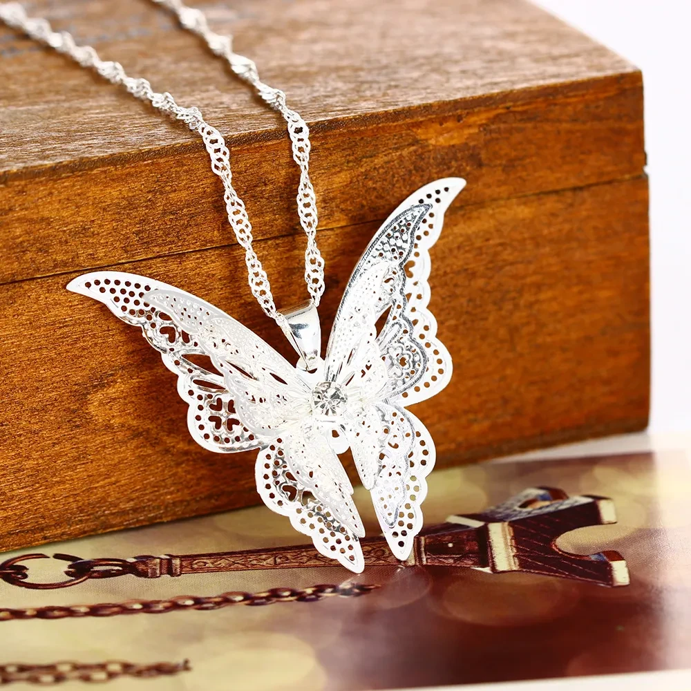 Silver Hollow Pointed Butterfly Pendant Necklace