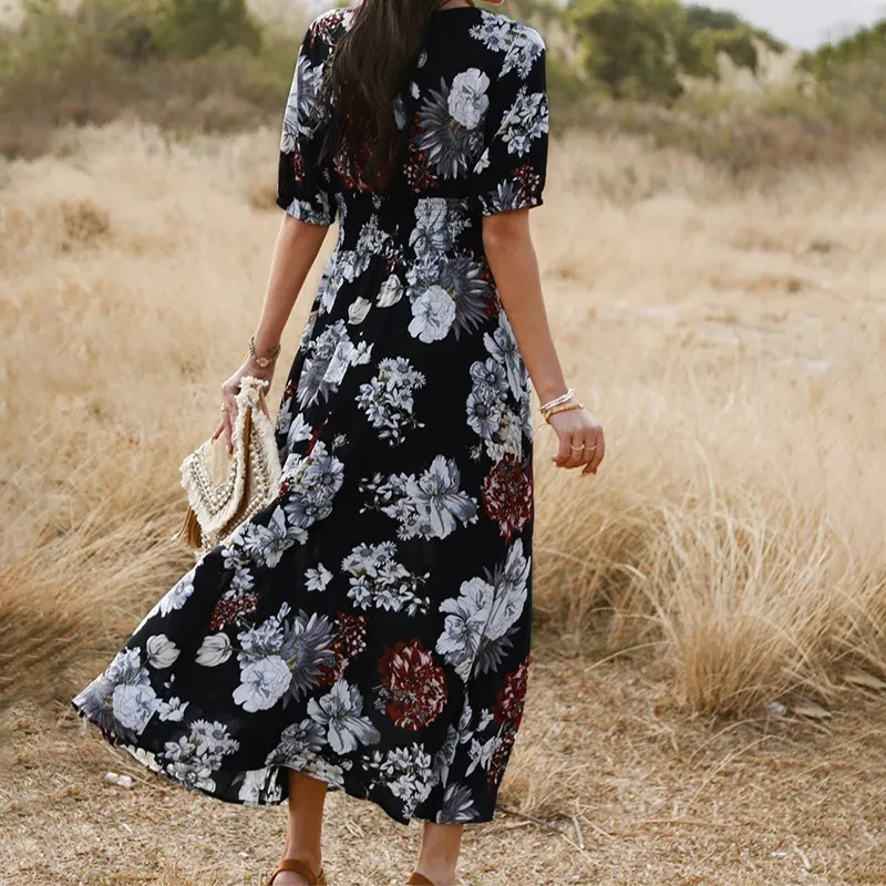Floral V-Neck Elastic Waist Summer Beach Dress