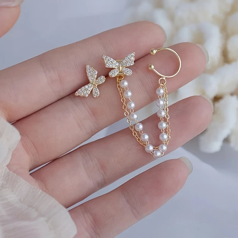 Butterfly & Pearl Chain Tassel Earring Set | 1 Pair Gold-Tone Micro-Pave Butterfly Stud with Double Pearl Ear Clip | Fairycore Valentines Day Jewelry for Girls