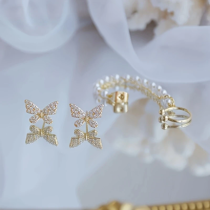Butterfly & Pearl Chain Tassel Earring Set | 1 Pair Gold-Tone Micro-Pave Butterfly Stud with Double Pearl Ear Clip | Fairycore Valentines Day Jewelry for Girls