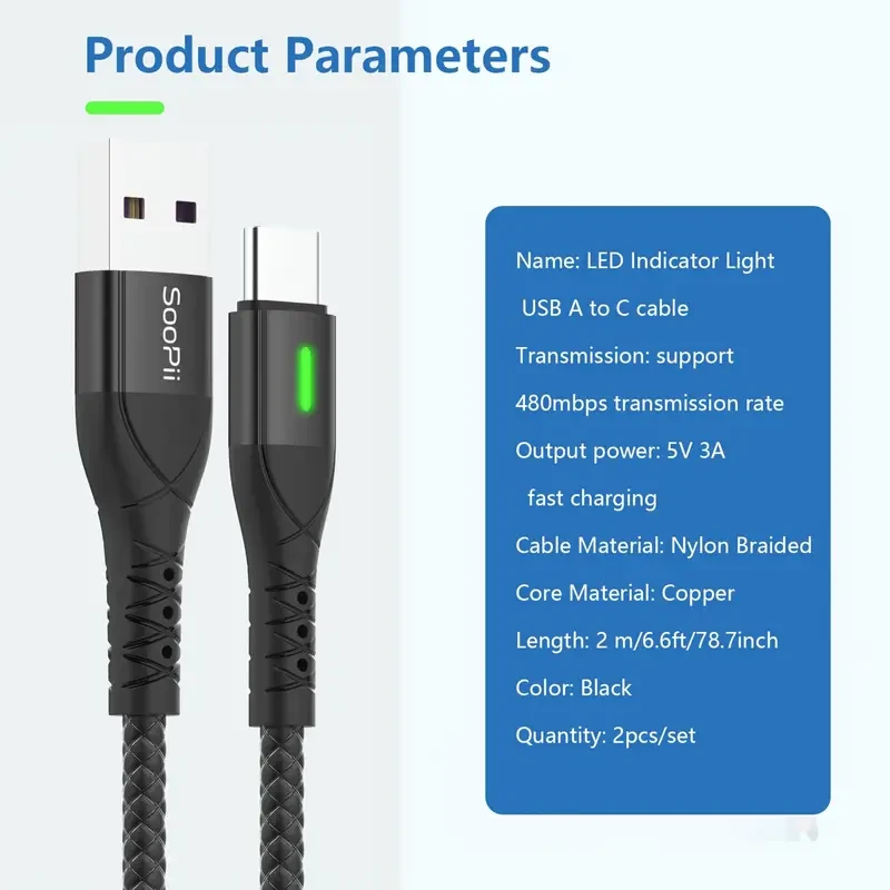 2-Pack SooPii USB A to C Cable with LED Indicator