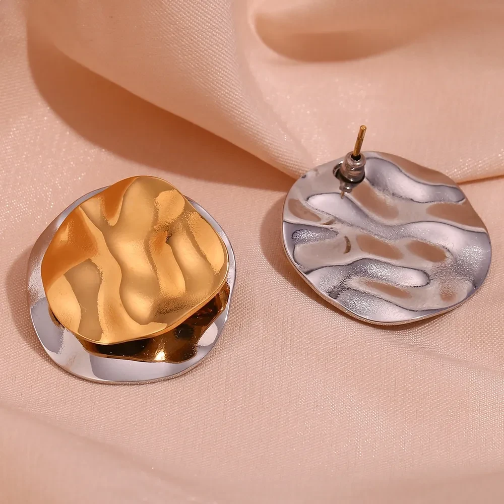 Stainless Steel Plated 18K Irregular Double Layer Color Matching Round Piece Ear Studs Female