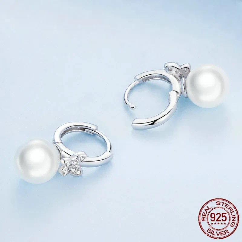 Sterling Silver Earrings Shell Pearls White Gold Plated Zircon