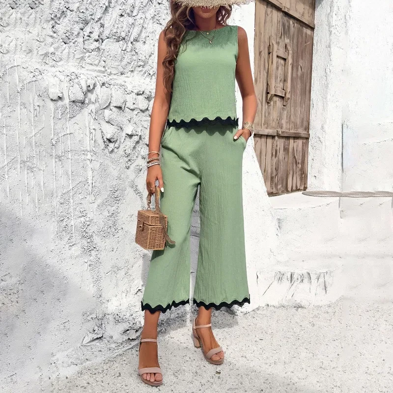 Summer Wave Print Sleeveless Top and Trousers Set