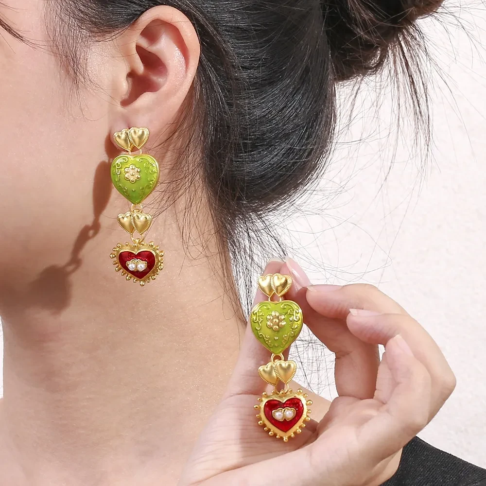 Middle Ancient Palace Style Diamond Drop Oil Heart Earrings