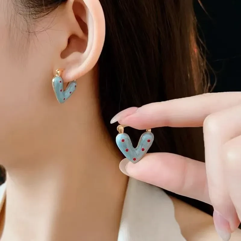 Red Polka Dot Blue Loving Heart Ear Clip Sweet Drip Glazed