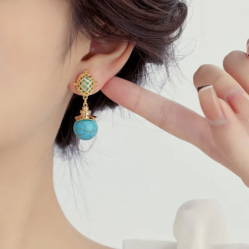 Turquoise Long Silver Pin Earrings Women