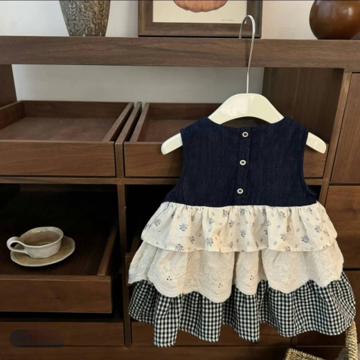 Sleeveless Vest Plaid Stitching Denim Skirt Bandage Dress Cake Dress