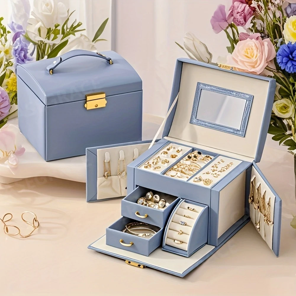 Elegant Blue Artificial Leather Jewelry Box with Golden Buckle