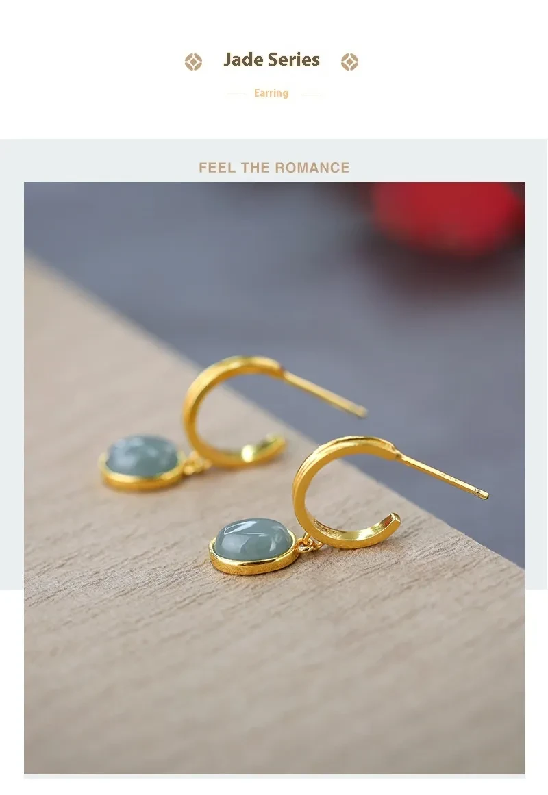 925 Silver Natural A Cargo Blue Water Jade Egg Surface Earrings