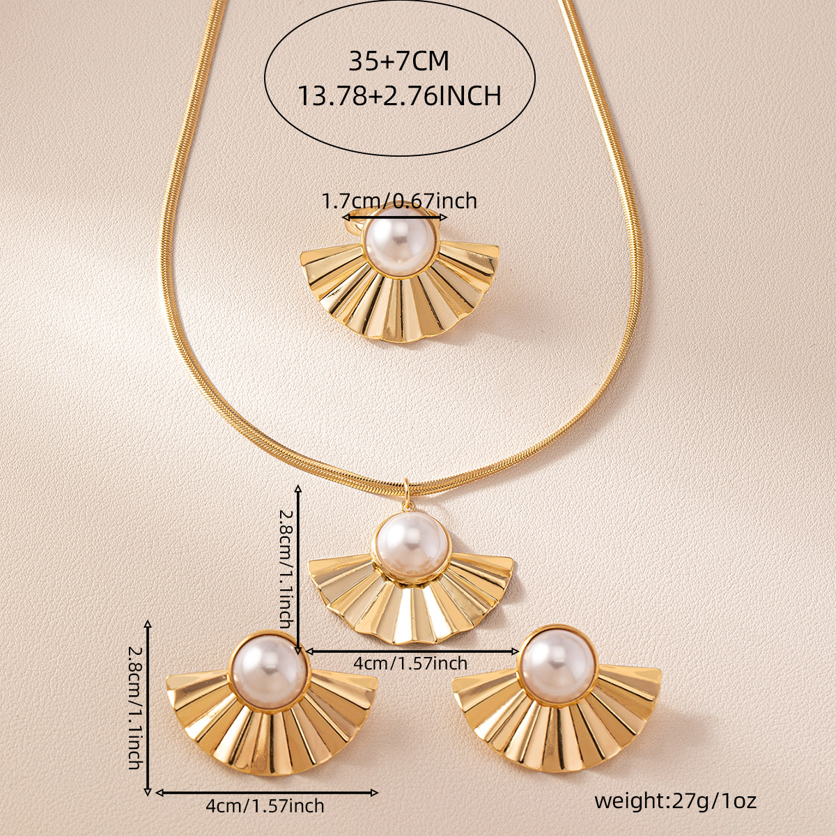 Folding Fan Design Artificial Pearl Grace Chinese Fashion Necklace Ring Earrings Match Sets Suit