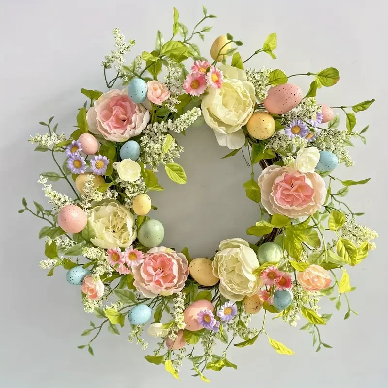 Easter Peony Wreath with Colorful Eggs