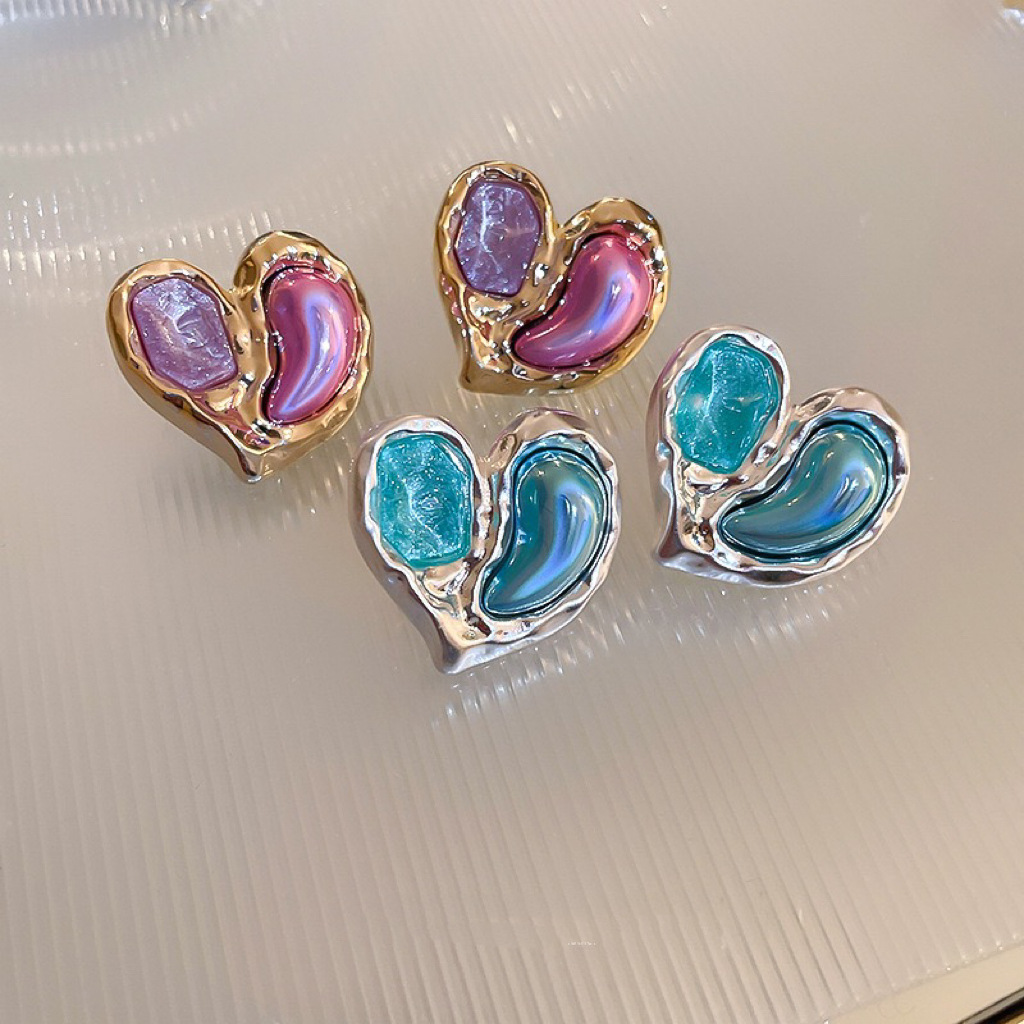 Glacier Blue Green French Retro Resin Love Metal Earrings