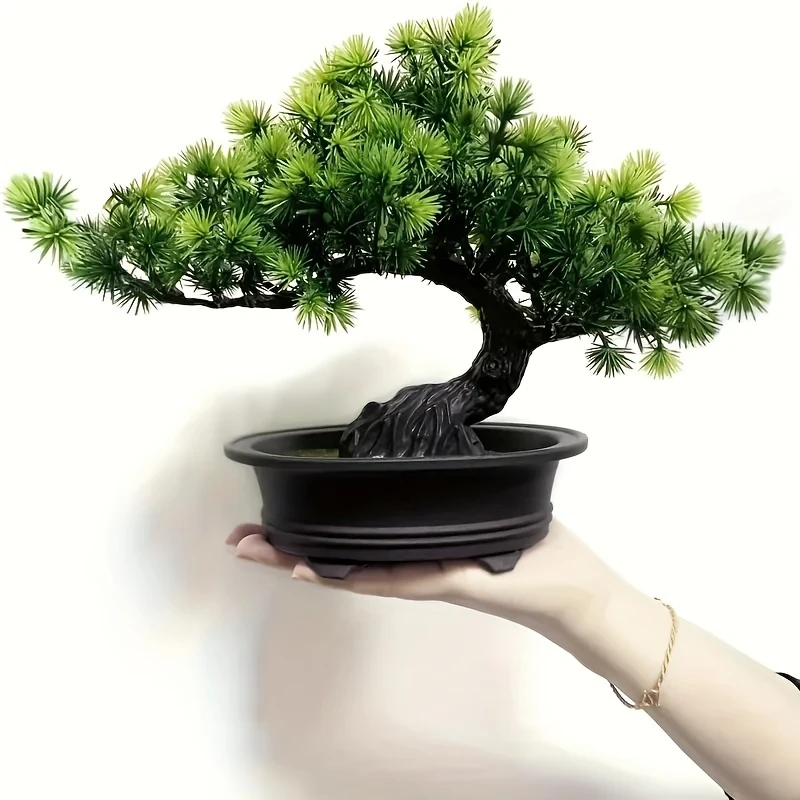9.5" Artificial Pine Bonsai Tree in Black Pot Lifelike Indoor Zen Decor for Home, Bathroom, Bookshelf, or Farmhouse Style, Zen Home Decor