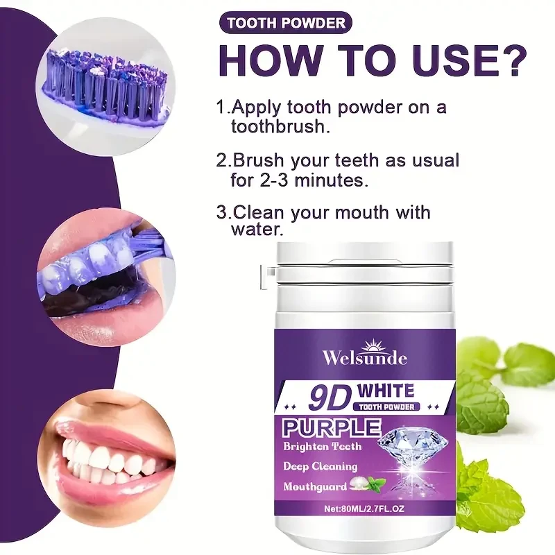 2pcs WELSUNDE 9D White Purple Teeth Whitening Powder