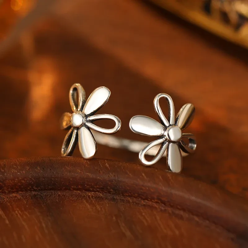 Silver Hollow Flower Ring Female Simple