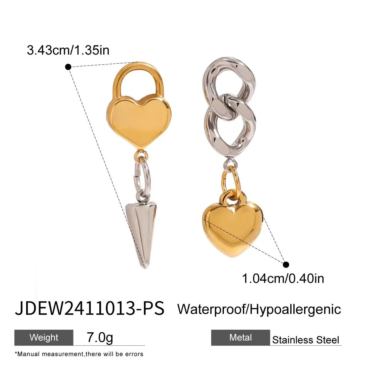 Stainless Steel Gold And Silver Color Matching Heart Cone Chain Love Heart Earrings