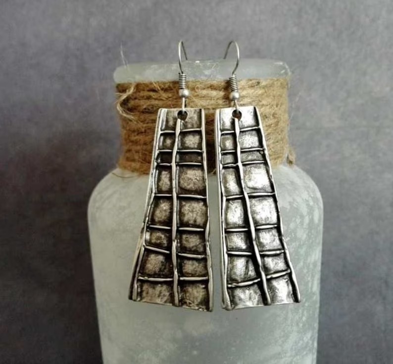 Vintage Distressed Trapezoid Plaid Pendant Earrings