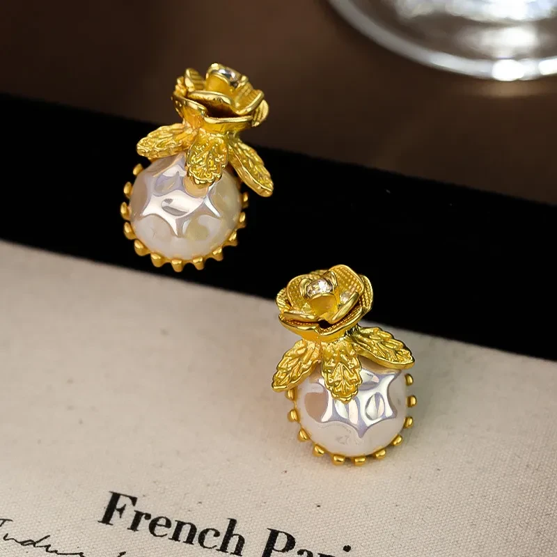 Silver Stud Rhinestone-encrusted Flower Irregular Pearl Earrings Elegant