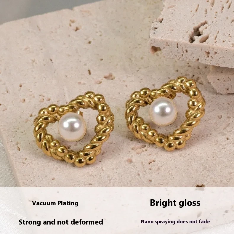 18K Fashion Retro Twist Pearl Heart-shaped Ear Studs