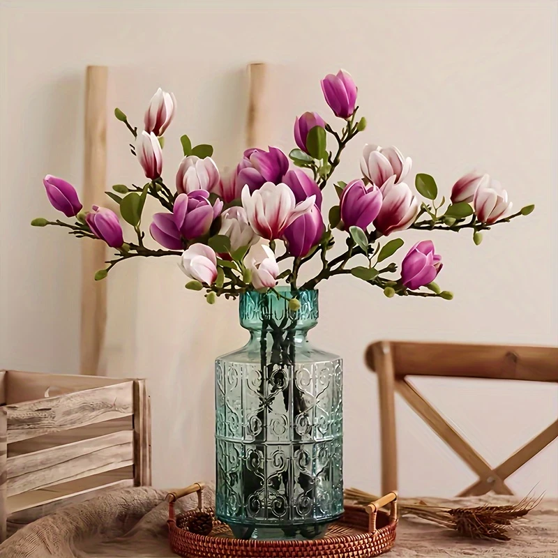 4pcs Artificial Magnolia Flowers, Faux Magnolias for Valentine's Day Decor, Lifelike Flower Arrangement