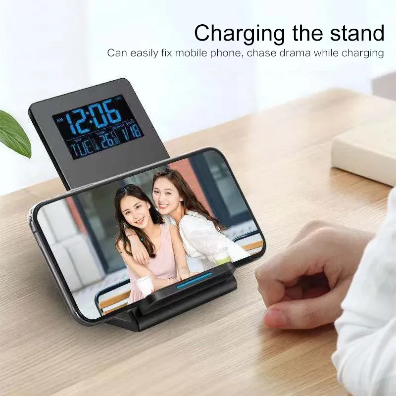Alarm Clock Wireless Charger Mobile Phone Holder Perpetual Calendar Temperature Bedside Desktop