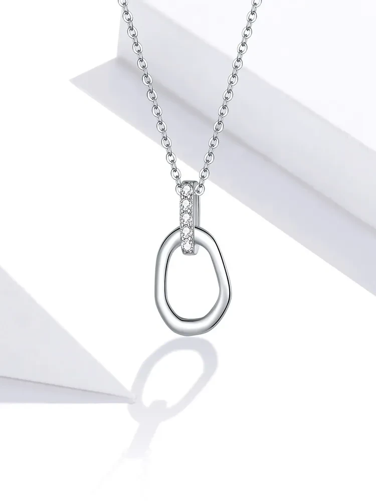 Fashion S925 Sterling Silver Geometric Double Ring Necklace, Simple And Advanced Sense Of Platinum Plated Clavicle Chain