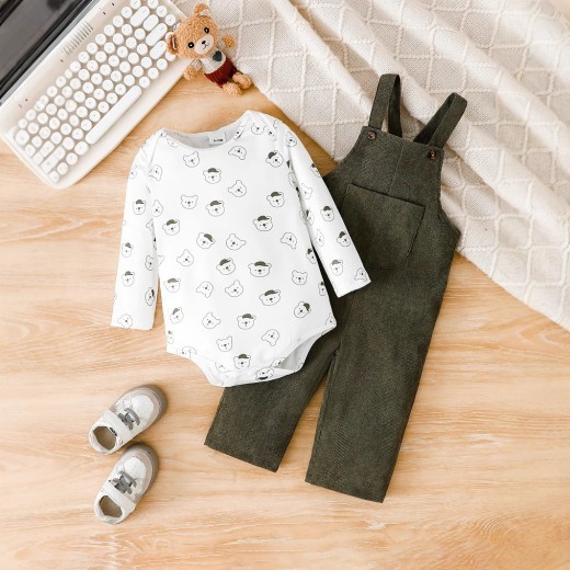 Bear Printed Long Sleeve Round Neck Romper Corduroy Suspender Trousers Suit