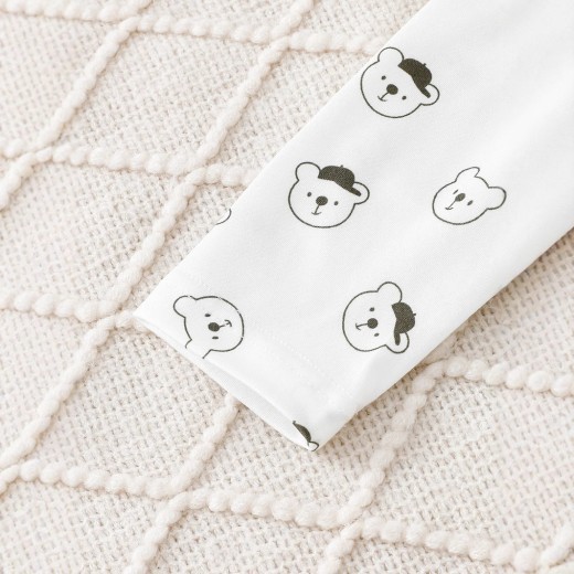 Bear Printed Long Sleeve Round Neck Romper Corduroy Suspender Trousers Suit