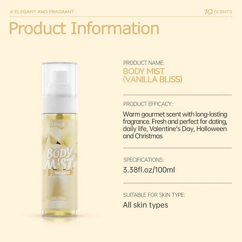 Hllozzi Vanilla Body Mist, 3.38 fl.oz