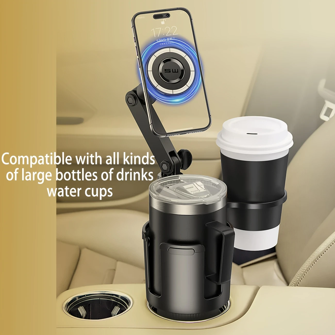 2-in-1 Adjustable Car Cup Holder Extender with Magnetic Phone Holder