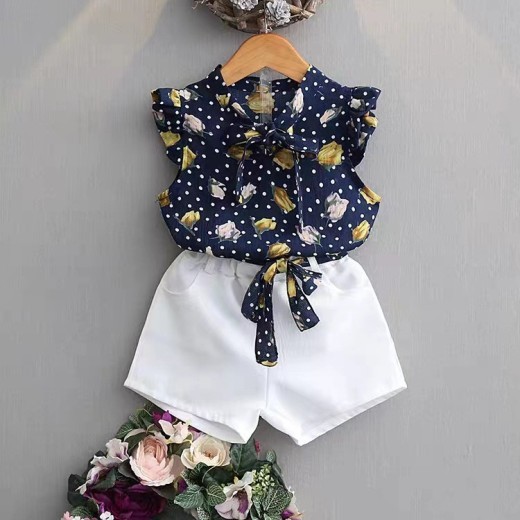 Girls Chiffon Sleeveless Flower Printed Two-piece Suit