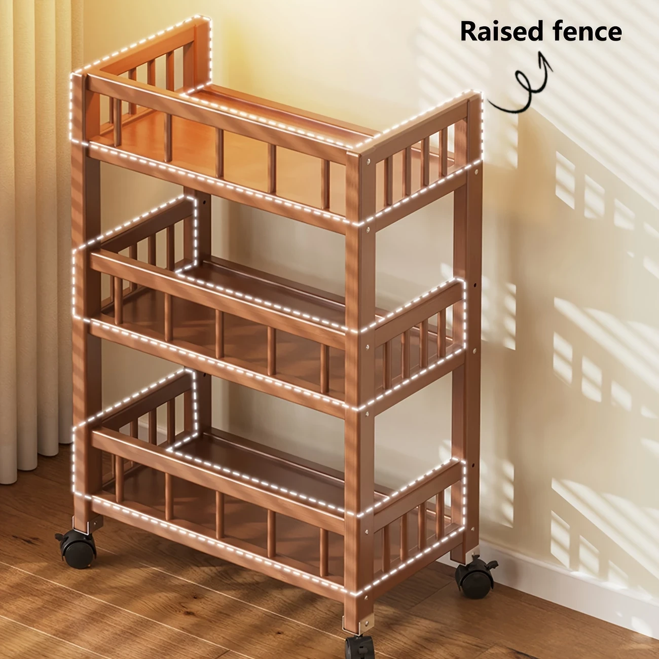 Turmeric Wooden Utility Cart - Multi-Tier Storage Organizer with Wheels, Freestanding Mobile Shelving Unit for Living Room, Kitchen, Home Office - Versatile Use for Snacks and Essentials