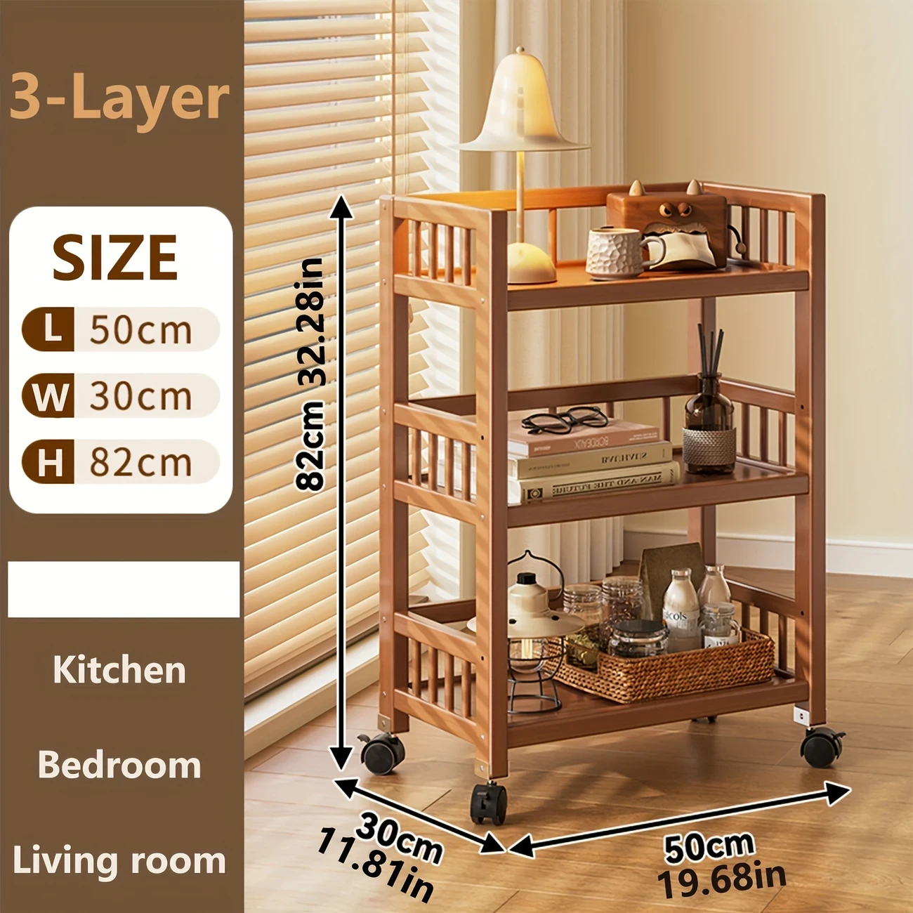 Turmeric Wooden Utility Cart - Multi-Tier Storage Organizer with Wheels, Freestanding Mobile Shelving Unit for Living Room, Kitchen, Home Office - Versatile Use for Snacks and Essentials