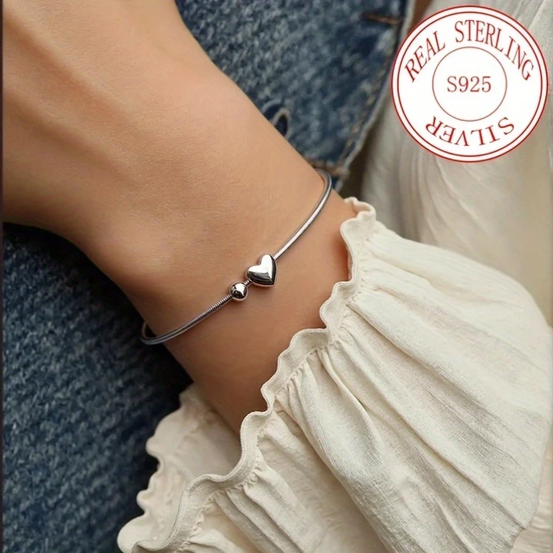 Elegant 925 Sterling Silver Love Heart Snake Bone Bracelet - Ideal for Birthdays, Weddings, Family & Holiday Gifts, Perfect for Mothers Day, Independence Day, Easter, Ramadan