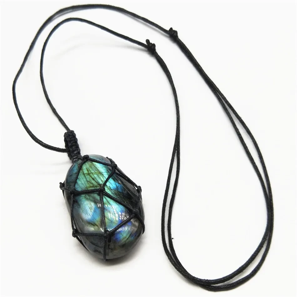 Moonstone Labradorite Rough Stone Woven Pendant Necklace