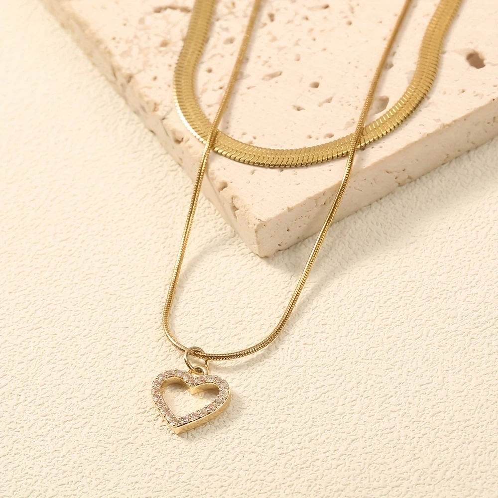 Nooxian 2-Piece Set  Elegant Luxurious Heart Pendant Necklace, 18K Golden Plated, Synthetic Cubic Zirconia, 304 Stainless Steel, Perfect for Valentine's Day