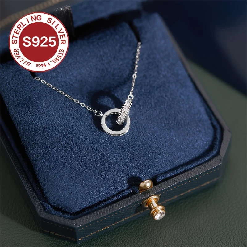 925 Low Allergy Double Ring Necklace  Light Luxury Interlocking Collarbone Chain, Daily Wear Accessory, Suitable for Valentine's Day, Mother's Day, and Exquisite Couple Gifts