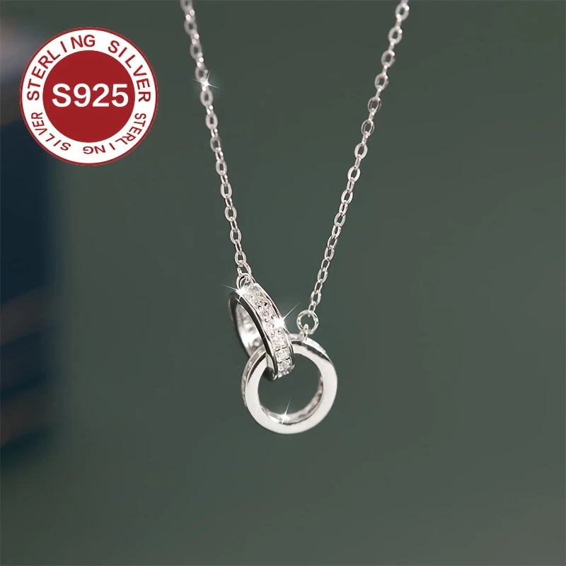 925 Low Allergy Double Ring Necklace  Light Luxury Interlocking Collarbone Chain, Daily Wear Accessory, Suitable for Valentine's Day, Mother's Day, and Exquisite Couple Gifts
