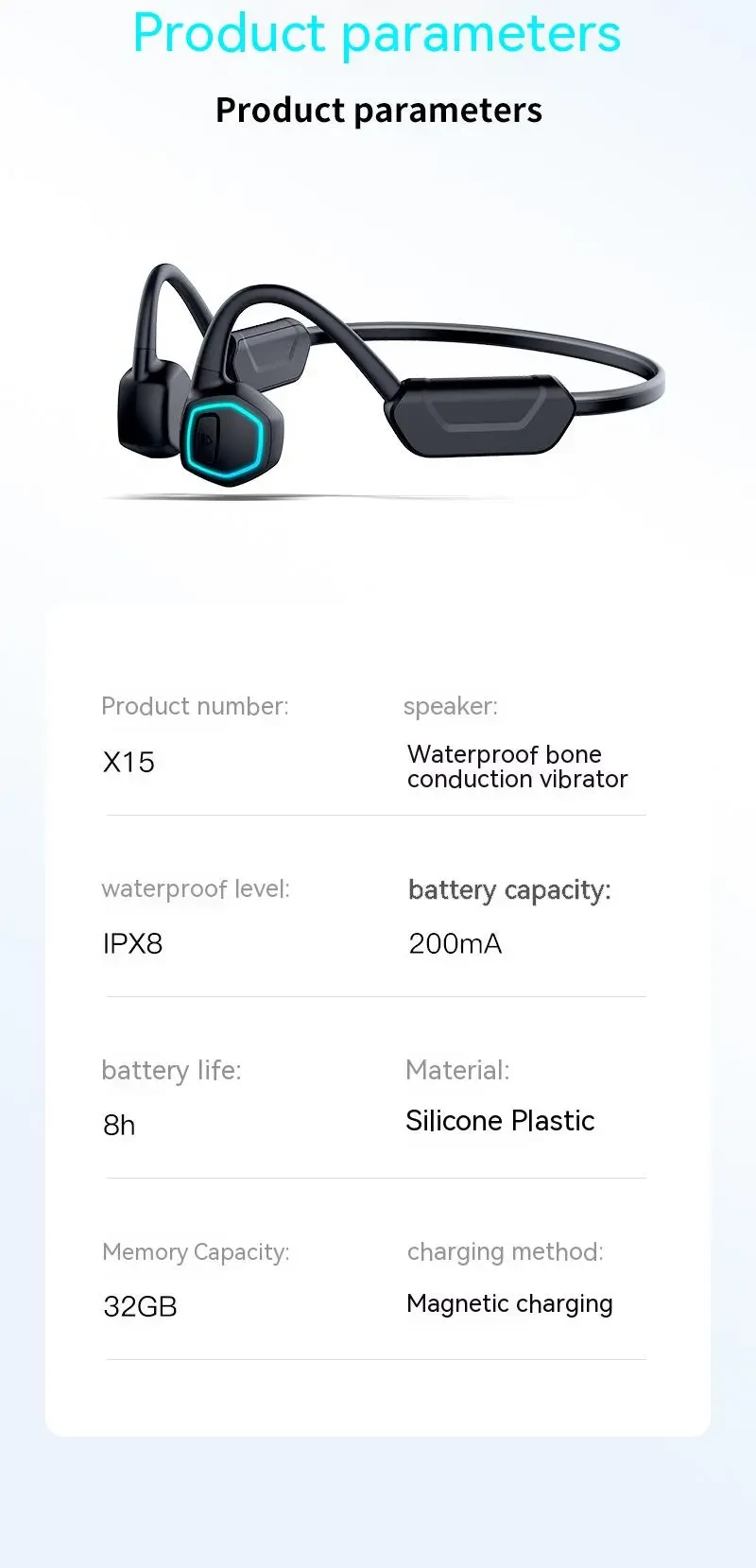 New Bluetooth Headset For Bone Conduction Small Induction Night Lamp Grade 8 Waterproof Swimming 32G Sports Style Popular X15