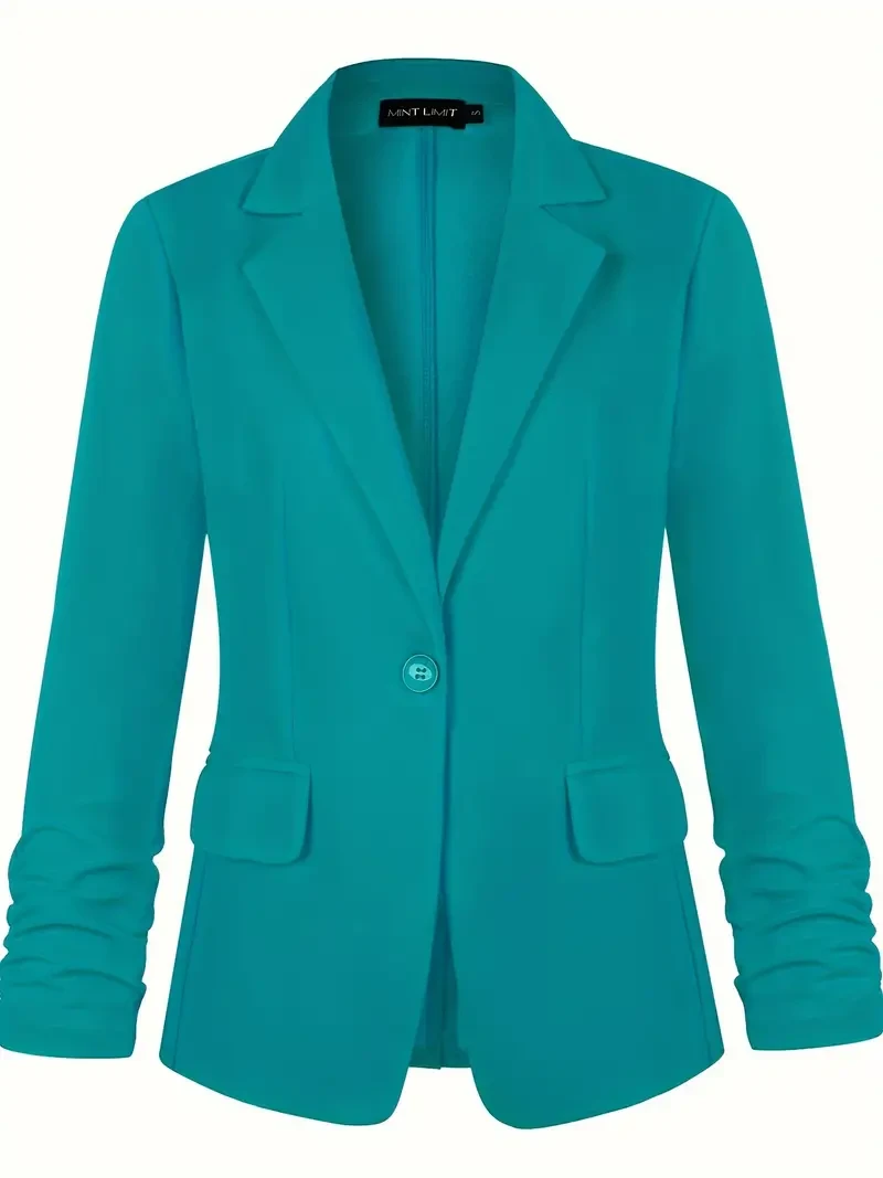 Solid Single Breasted Lapel Blazer, Elegant Ruched Sleeve Outwear For Office & Work