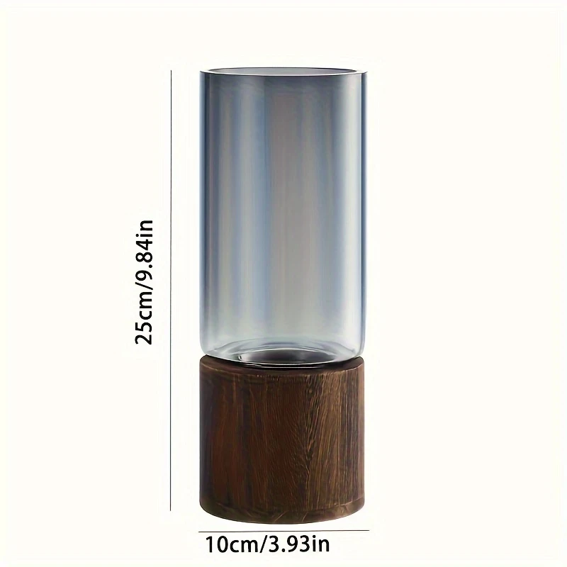 Elegant Modern Glass Vase with Wooden Base  Cylindrical Clear Glass & Natural Wood Finish, Perfect for Living Room & Dining Table Decor, Ideal Gift for Friends and Family