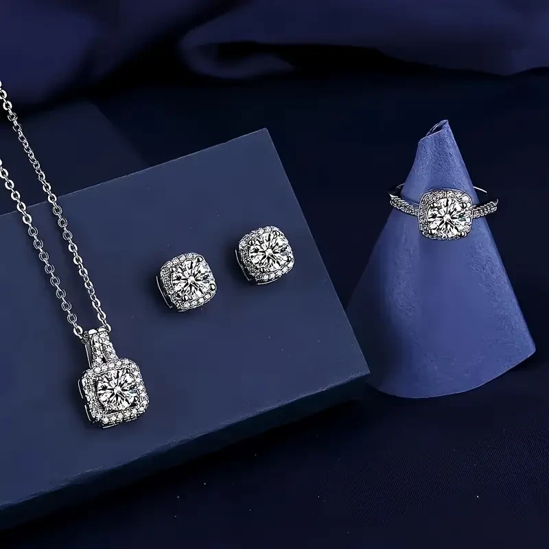 Cuboid Shiny Zirconia Inlaid Stud Earrings & Pendant Necklace & Ring Elegant Luxury Style