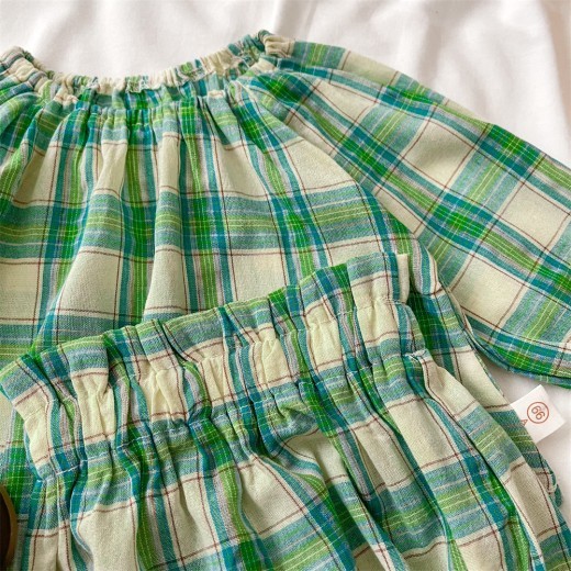 Spring And Autumn Baby Green Plaid Long Sleeve Shorts Suit