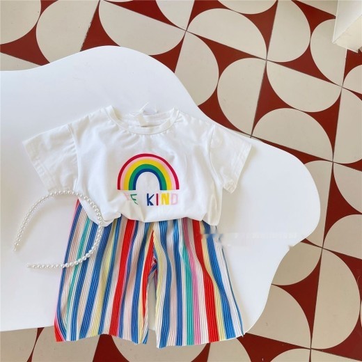 Girls' Summer Rainbow Short-sleeved T-shirt Short Pants Two-pieces