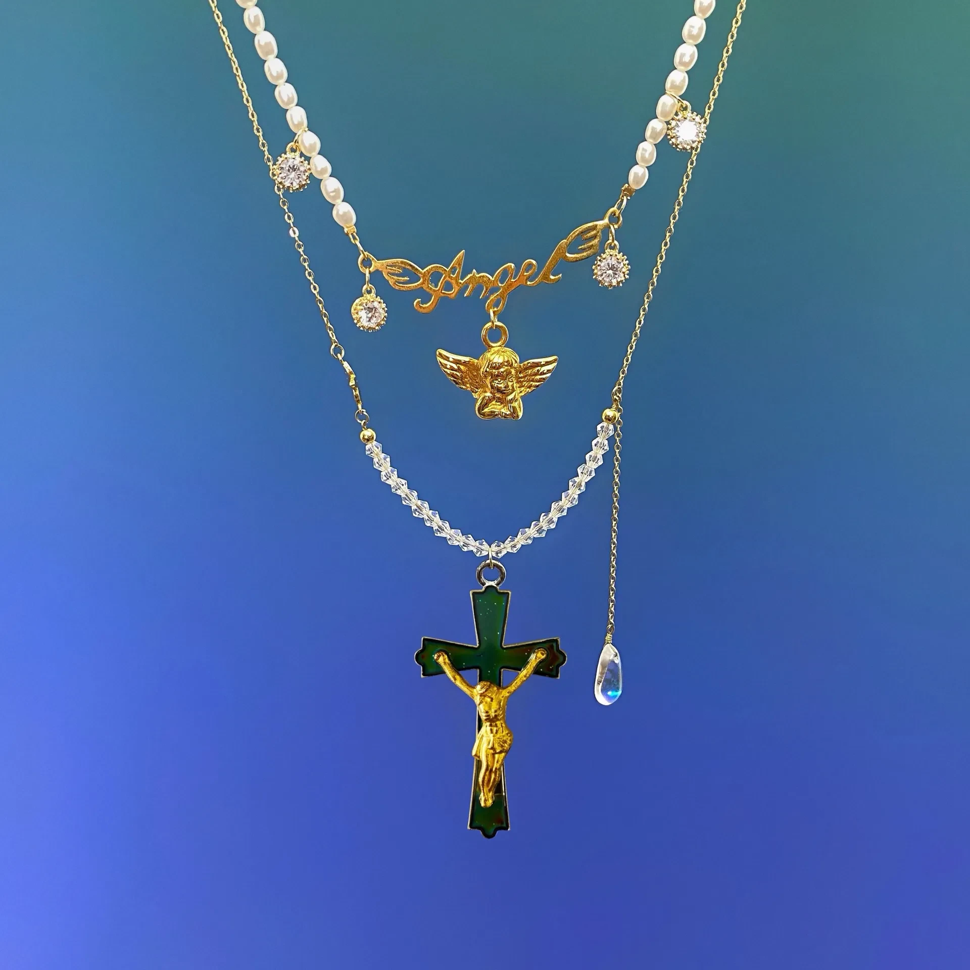 Letter Angel 18k Gold-covered Zircon Natural Pearl Necklace Clavicle Chain